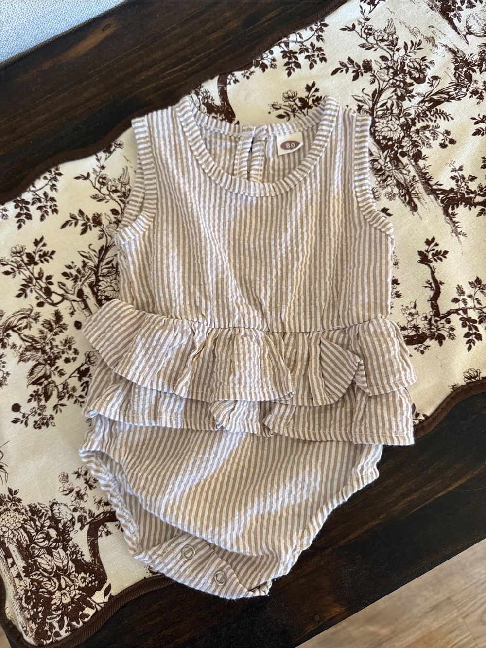 Kids Sleeveless Ruffle Romper - Beige Stripe